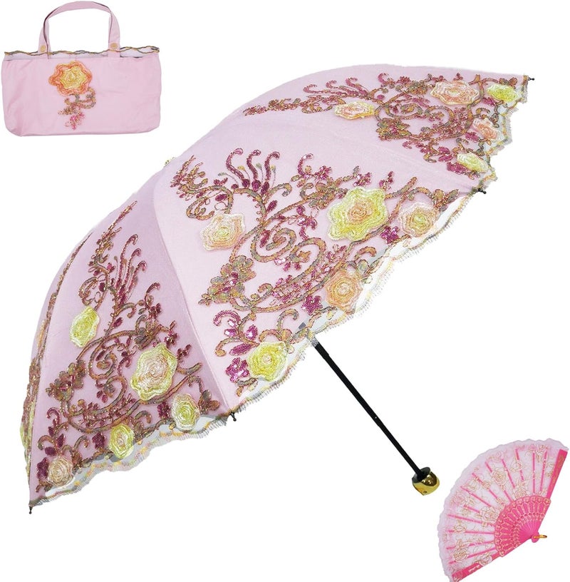 Aikelai Vintage Lace Umbrella, UPF50+ Sun Umbrella, 3D Flower Chinese Embroidery Compact Folding Umbrella for Walking, Wedding, Tea Party,Photo Shooting - Image 1